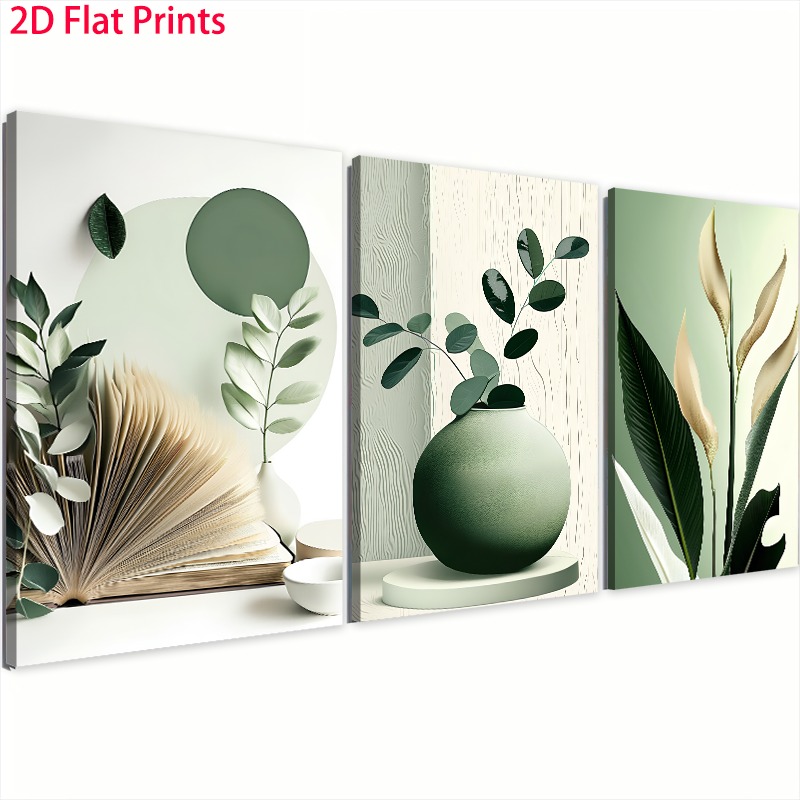 TEMU 2d Flat, 2d Flat, Three-piece Set Of Flat Wood-framed Canvas Artwork Featuring Green Botanical Designs, Perfect For Decorating Your Living Room