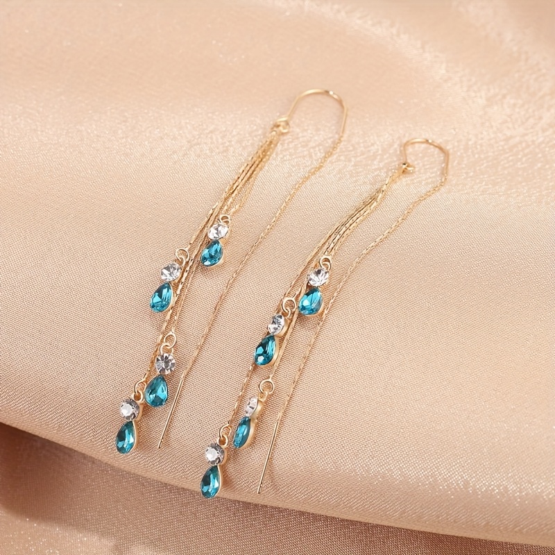 2pcs Exquisite Long Water Drop Synthetic Zirconia Ear Thread Earrings