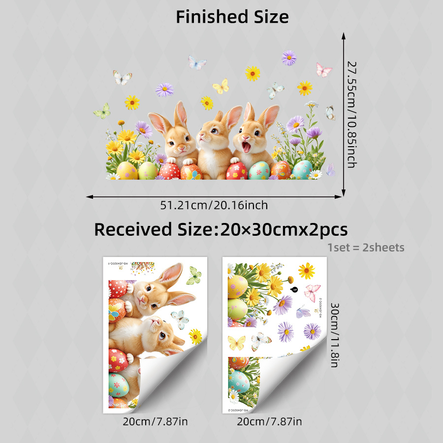 Set Of 2 Easter Bunny Window Clings Featuring 3 Adorable Brown Rabbits Vibrant Polka Dot Flower Eggs, Removable Static Decals Perfect For Decorating Your Living Room Or Kitchen For Easter Season