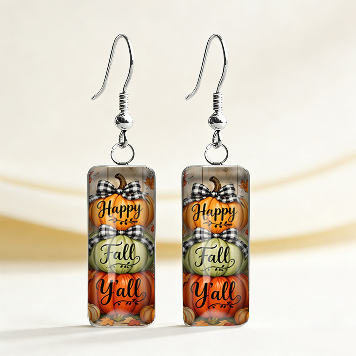 TEMU 1 Pair Creative Black And White Checkered Bow Tie Multicolor Pumpkin Autumn Leaf Printed Rectangular Earrings, Hand-written Happy Fall Fall