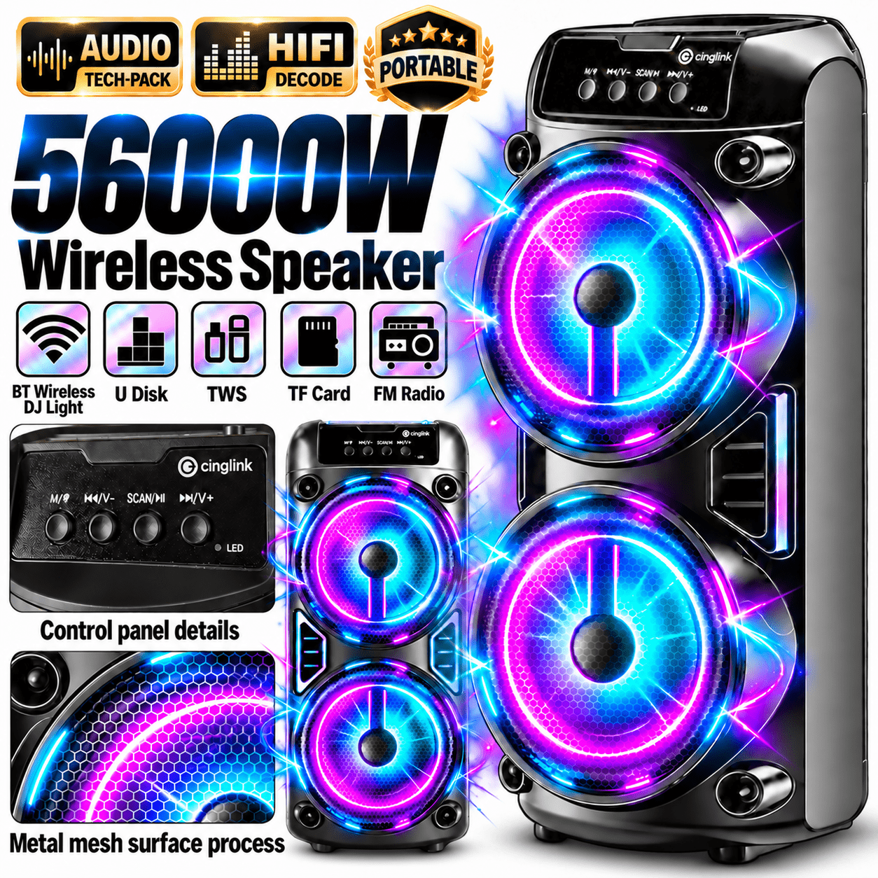 Image of Wireless With Rgb Lights, Portable Wireless Speaker With Tws Stereo, Powerful , Usb Tf Card Fm Radio, Rechargeable Loud Speaker For Home Outdoor Party