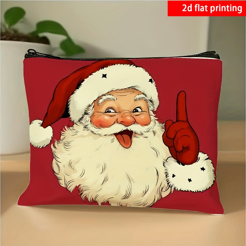 TEMU 2d Flat Printing, 1pc, Santa Claus Printed Cosmetic Bag, Featuring A Half-length Illustration Of A Retro Cartoon Santa Claus, Double-sided