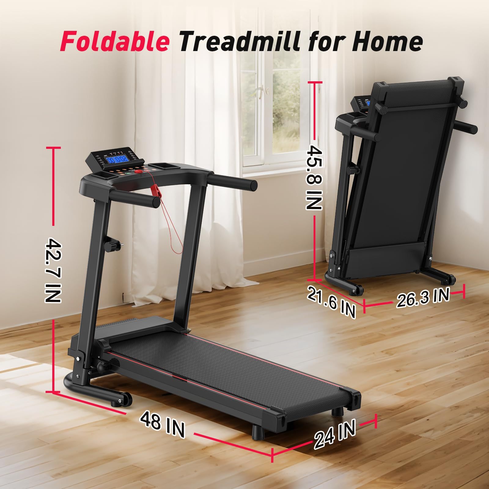 XMKEY Foldable Portable Treadmills for Home with 300 LBS Capacity, APP Control, Compact Small Walking Pad Treadmill for Office, Without Battery