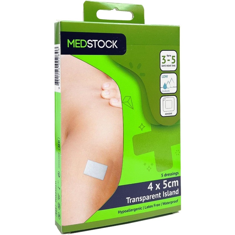 5pcs MEDSTOCK Transparent -Grade & Breathable Dressing Islands - 4cm x 5cm Individually Wrapped Adhesive Border Cover, 3-5 Day Wear Time, Low-Profile Design for to Major, Diabetic Foot Care, Lacerations, Cuts, Abrasions - Easy Application & Removal, Transparent & Comfortable for Healing, & Breathable Material