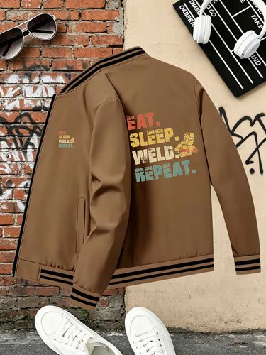 Vintage-style Men's Eat-sleep-weld Repeat Print Baseball Ribbed Jacket