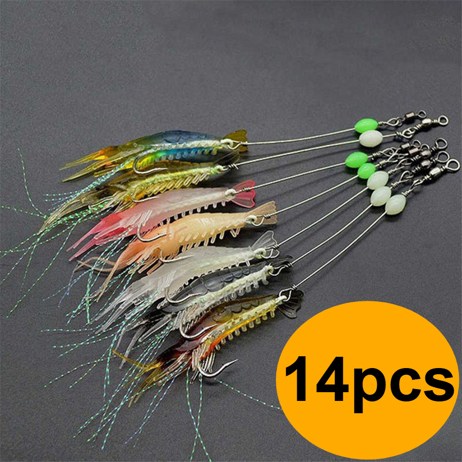 TEMU 14pcs Realistic Soft Shrimp Lure Set - Effective Artificial Bait For Saltwater And Freshwater Fishing, Sharp Hooks For Bass, Trout, Salmon, And Flying Fish, Safe Silicone Design