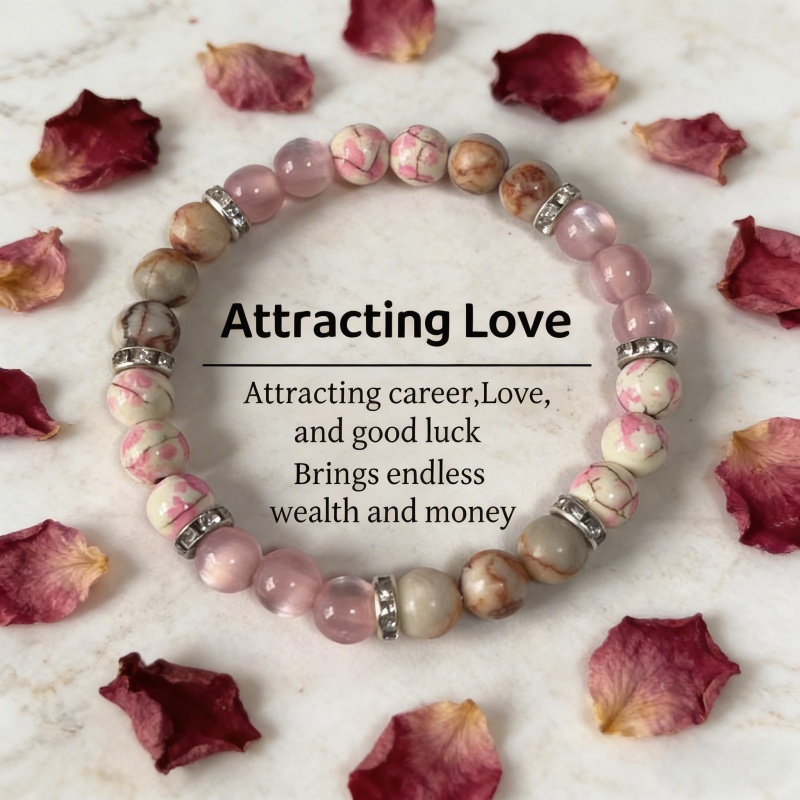 TEMU 1pc Bracelet, With Net Agate, Pink Flower Turquoise, And Pink Stone, Symbolizing The , Career Success, Wealth, And . This Handmade Elastic