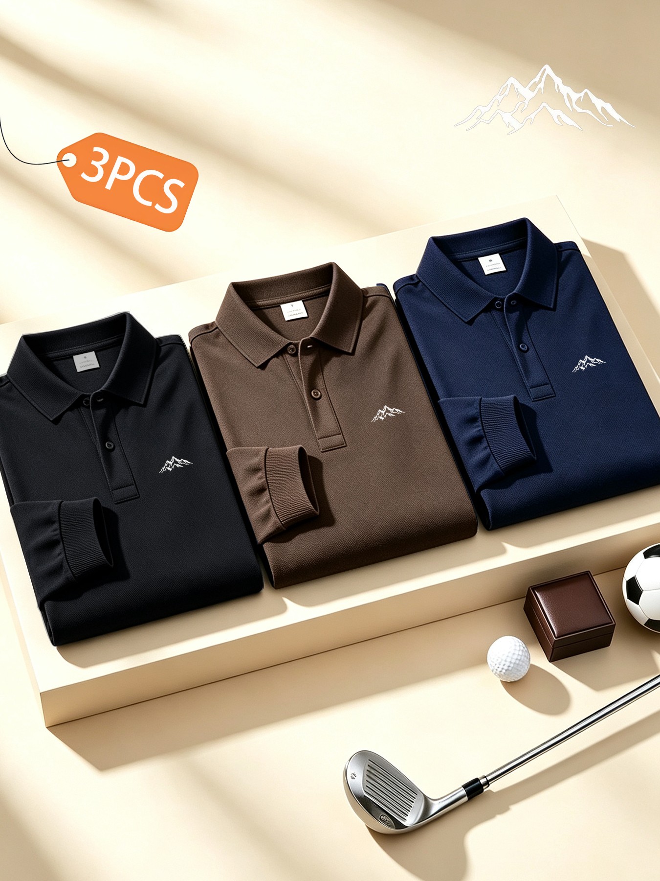 3pcs set of fashion mountain logo new mens fashion lapel long sleeve   shirts print patterns casual sports regular fit comfortable versatile business   easy suitable for tennis training and daily wear