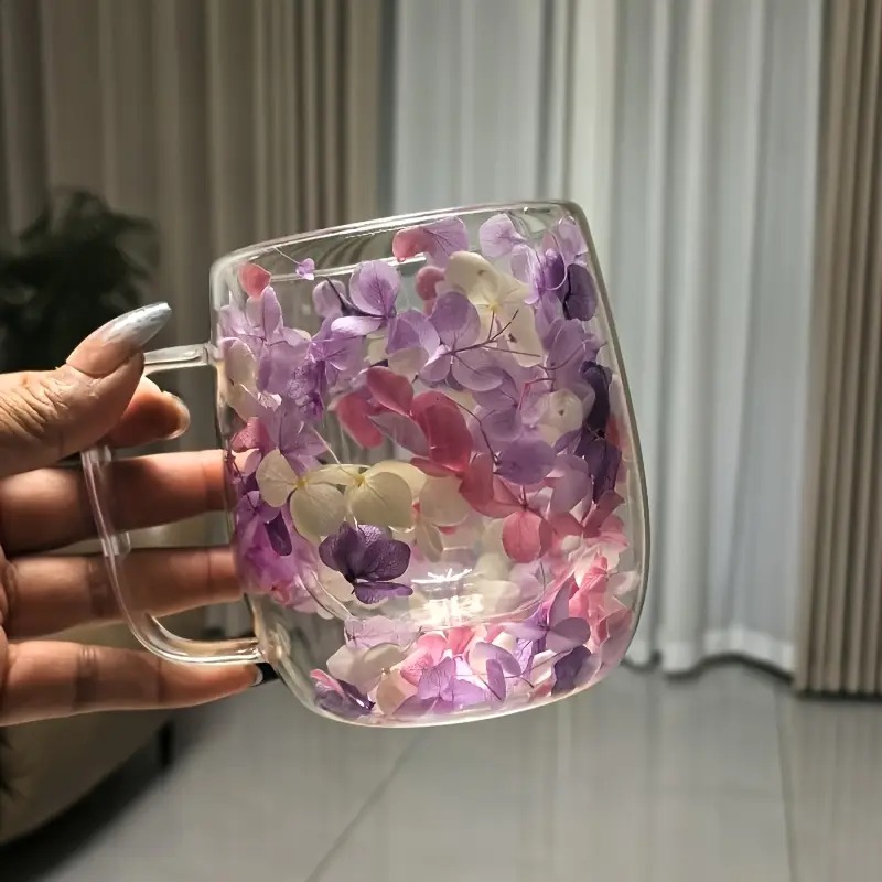 Image of 1pc, Colored Floral Pattern Glass Cup, Double-walled Glass With Handle, Insulated For Hot And Cold Drinks, Perfect For Coffee, Milk, Beverages, Etc., An Essential Holiday Gift