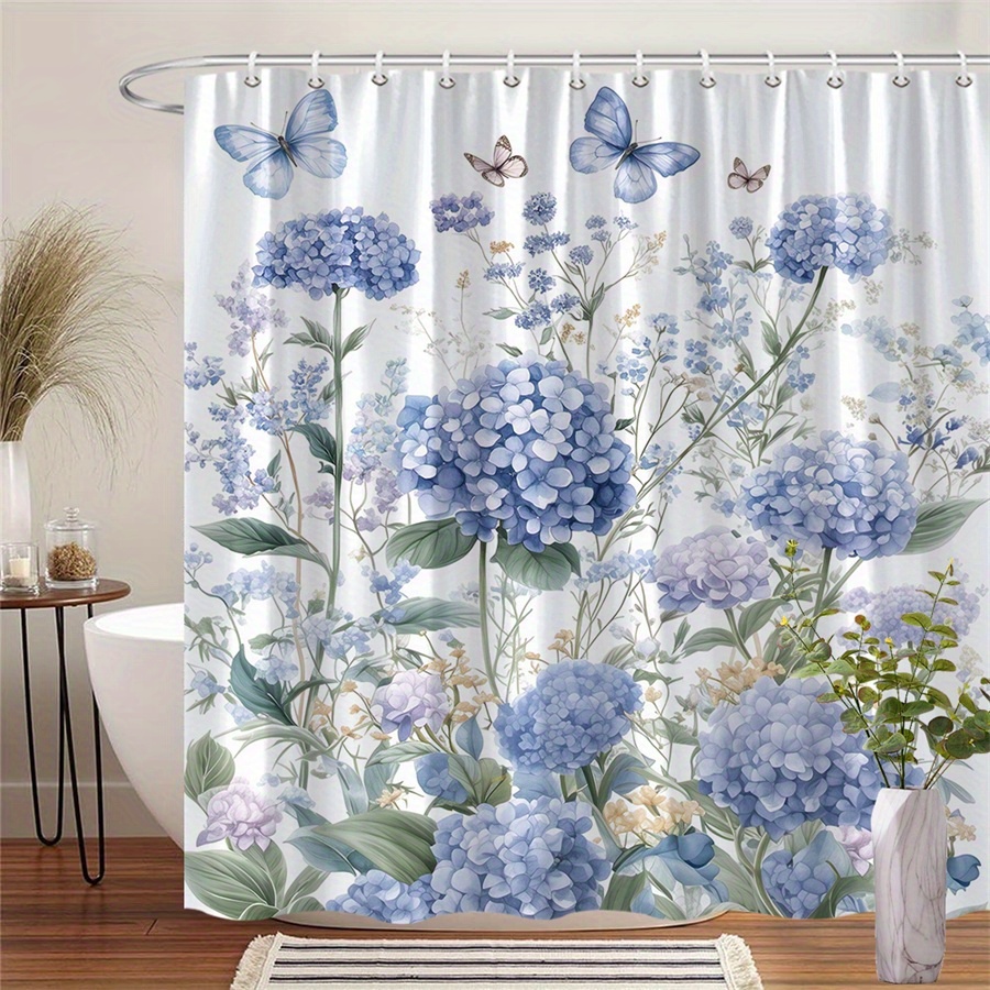 TEMU Rideau de Douche Jardin d'Hortensias avec Papillons - Illustration Numérique Réaliste avec Lavande et , 2 Papillons, Tissu en Polyester Durable,