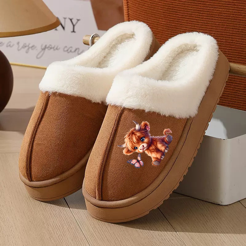 TEMU Cow Cartoon Print Women's Home Slippers - Warm Breathable Sole Non-slip Indoor Slippers, Plush Lining Stylish Lace Trim, Plus Size Women Winter
