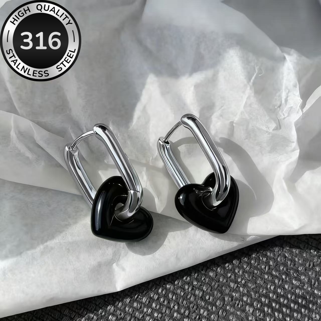 TEMU High Quality Heart Drop Earrings, 1 Pair, Steel Jewelry, Hypoallergenic & Tarnish-resistant, Silvery Tone Hoop With Glossy Heart Charm, In Red,