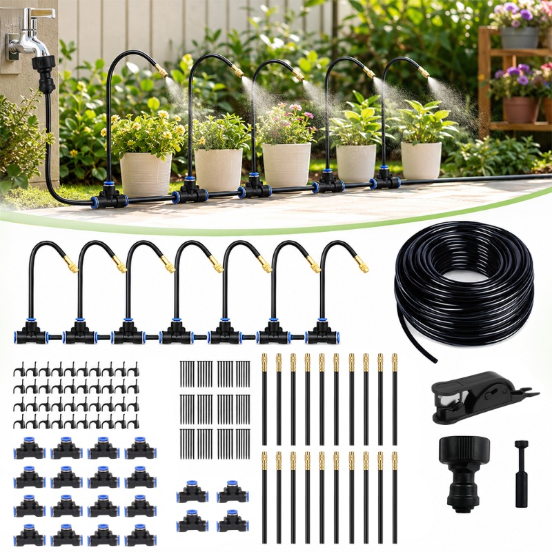 20m Drip Irrigation System Kit, Flexible Adjustable Mist Nozzle Watering System, 1/4 Inch Pe Hose Automatic Micro Sprinkler Set For Potted Plants Patio Garden Flower Bed Lawn Cooling Watering