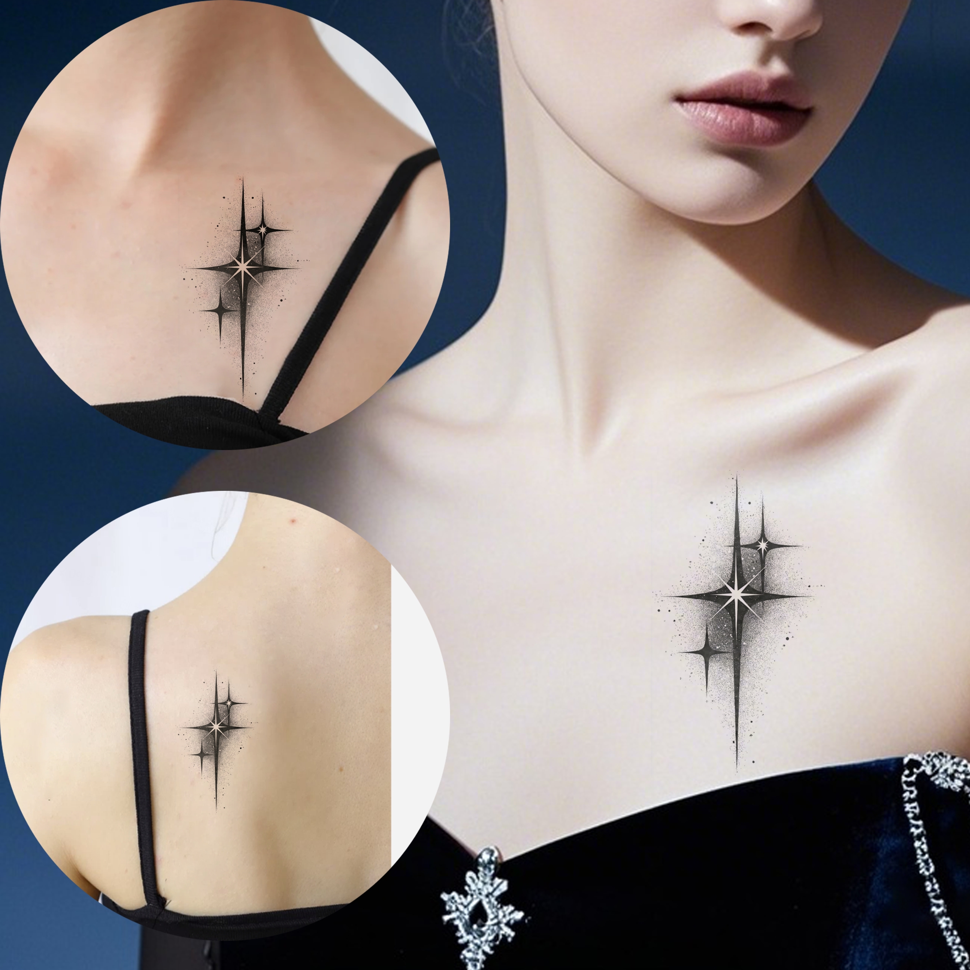 Image of 2 Sheets Of Temporary Tattoos Featuring Sparkly Stars And , Perfect For Body Art, For Party Decorations, And Favors. Fake Tattoos To The Neck, , And Chest For Men And Women