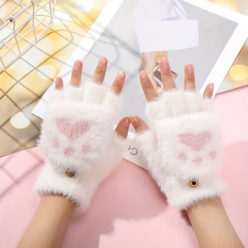 1 pair plush gloves cute cat paw   warm half finger flip fleece thickened korean style gloves