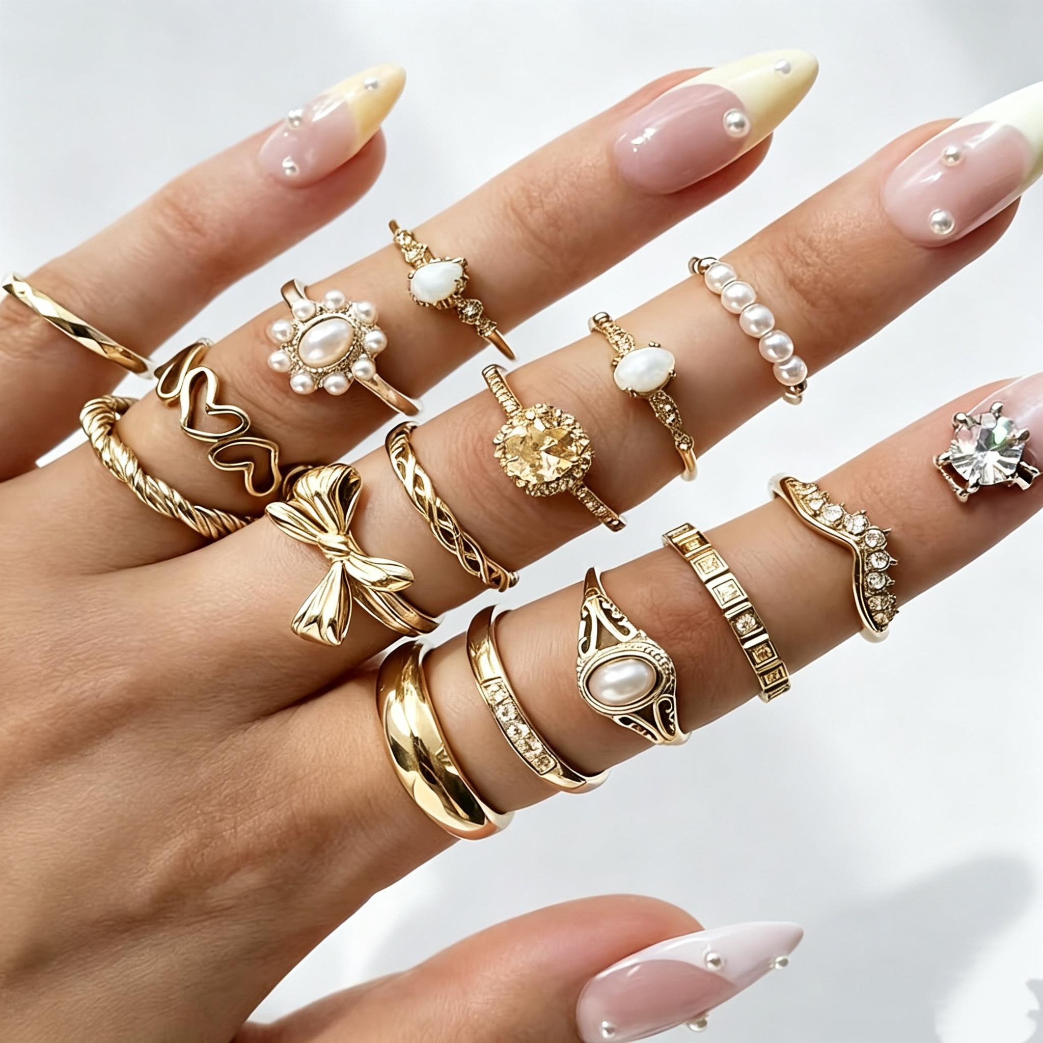 TEMU 15pcs Set: High-quality Multi-piece Stackable Ring Jewelry, Fashionable And Versatile Accessories, Elegant And Versatile | Suitable For Daily