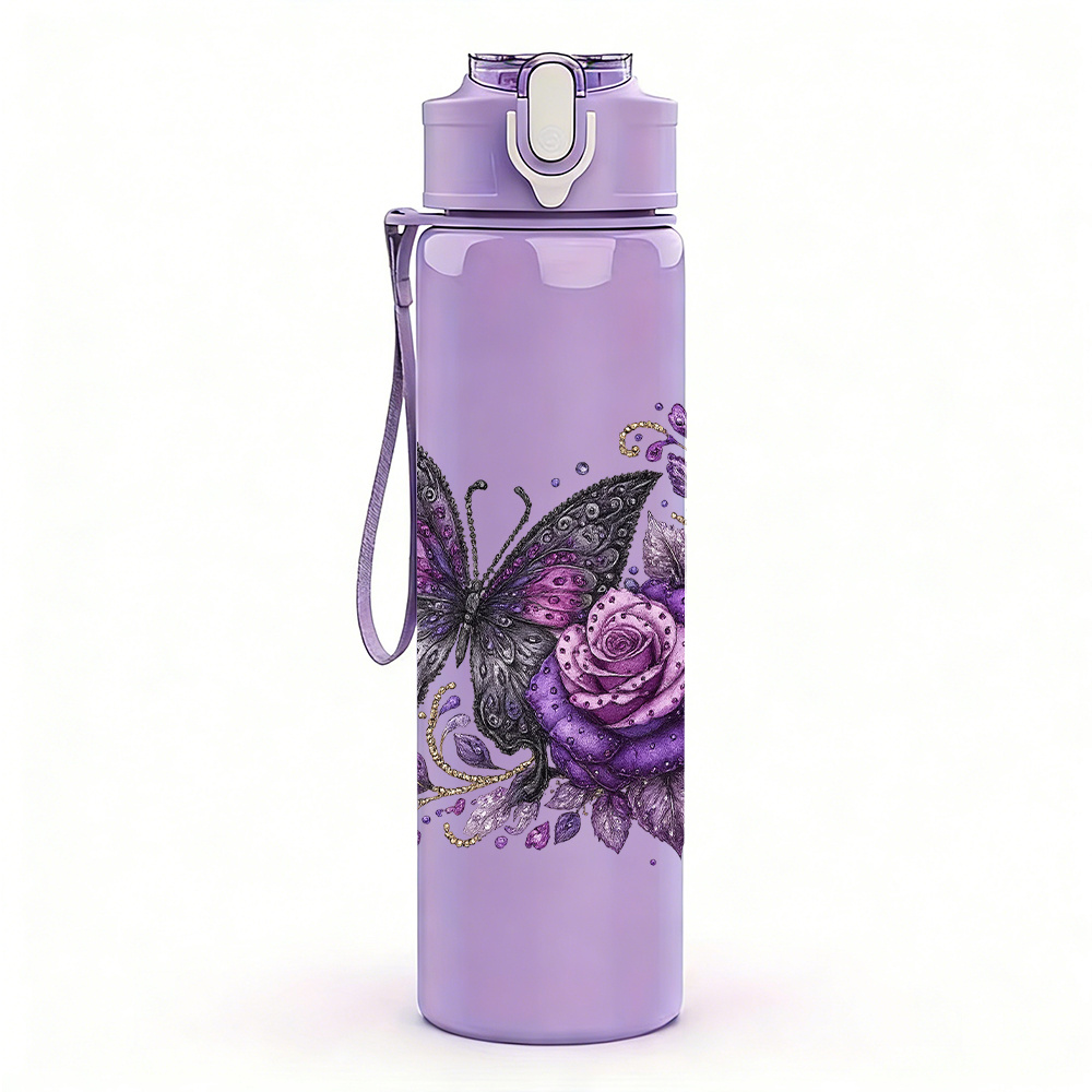 TEMU 1pc Gorgeous Purple Rose 750ml 26oz Plastic Sports Water Bottle With Cute Print, Leak-proof Pop-up Lid, Ideal Gift For Outdoor Sports, Running,