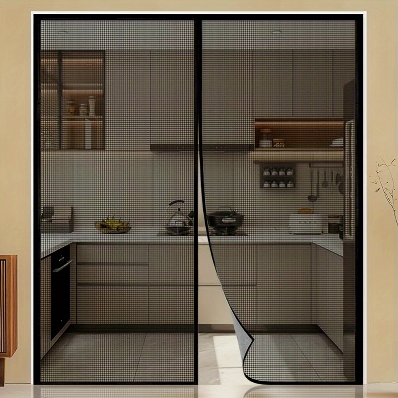 cortina de puerta extragrande de fibra de vidrio negra transpirable a prueba de mosquitos,   diseñada para el  .   de puerta de malla   magnética se   sola para una súper comodidad. adecuada para uso doméstico en dormitorios, cocinas, salas de estar, comedores y