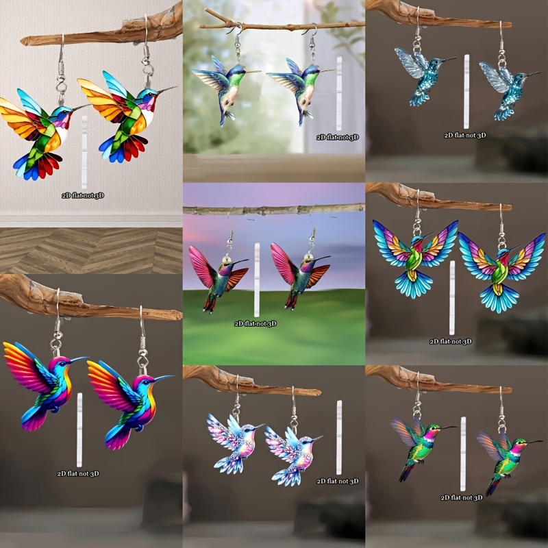TEMU 2d Flat 8 Pairs Acrylic Cartoon Hummingbird Earrings, Vibrant Design, Suitable For Bohemian And Elegant Styles, Ideal Gift And Party Wear, Teen