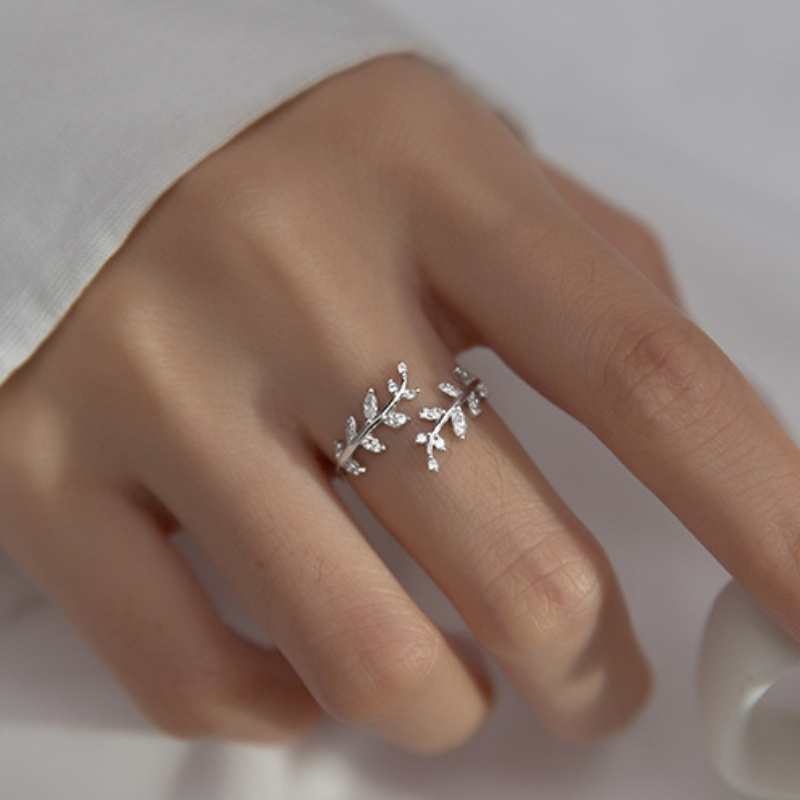 Exquisite Simple Opening Adjustable Ring Inlay Synthetic Zirconia Leaf Rings For Women Daily Party Autumn Accessories