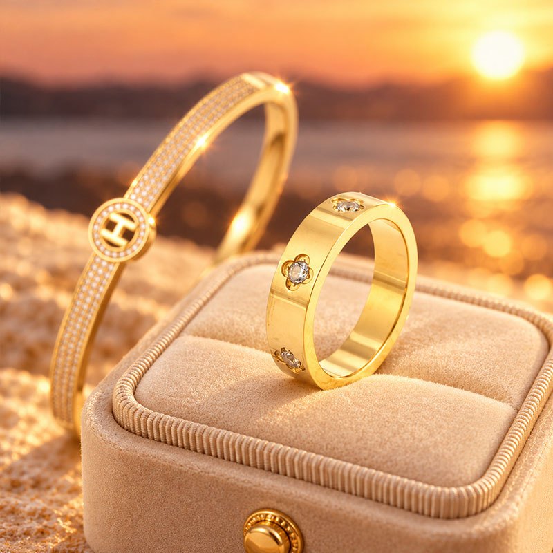 2pc Copper Double-Row Bangle & Stainless Steel Ring Set, Elegant Design