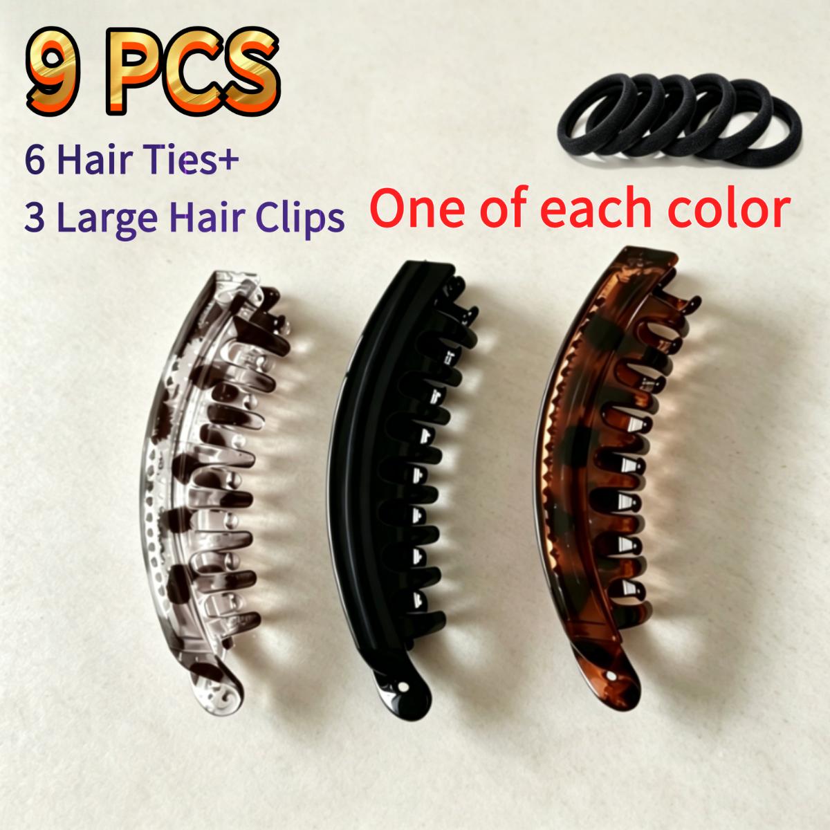 TEMU 9pcs Set (3 Large Hairpins With Comb Teeth Ropes) Non-slip Vertical Version Banana Clip Ladies Ponytail Thickened Hair Volume Fluffy Clip
