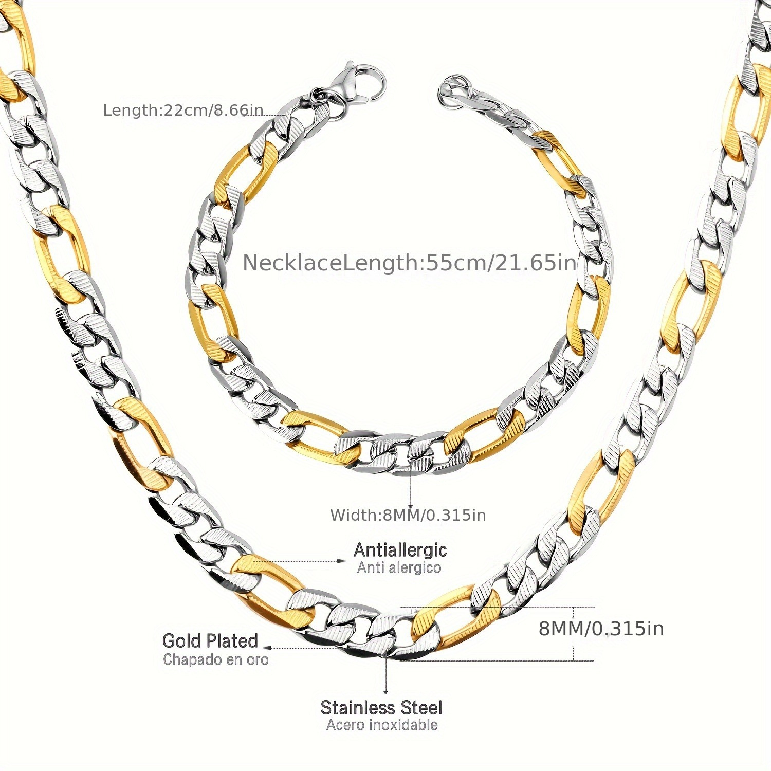 Image of 2pcs 316l Stainless Steel Mixed Color Necklace + 8mm/0.28in Bracelet Chain Jewelry Set, Suitable For Everyday Or Vacation Wear Accessories, Hip Hop Rock Necklace And Bracelets