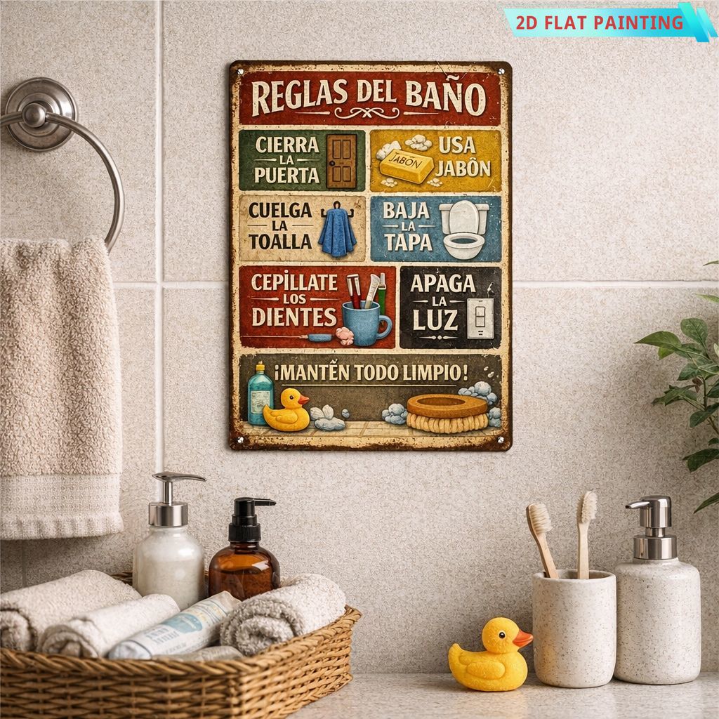 TEMU 2D, Diseño 2D, Letrero de Reglas del Baño en Español "Reglas Del Baño" - Decoración de Pared de Madera, Adecuado para Baños, para el Hogar,