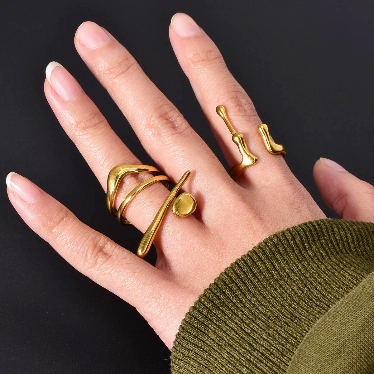 Image of 3pcs/set Women's Fashion Stackable Ring Set Geometric Water Drop Shape Irregular Design Ring Unique Creative Stainless Steel Jewelry Suitable For Women' Versatile Valentine's Day Gift