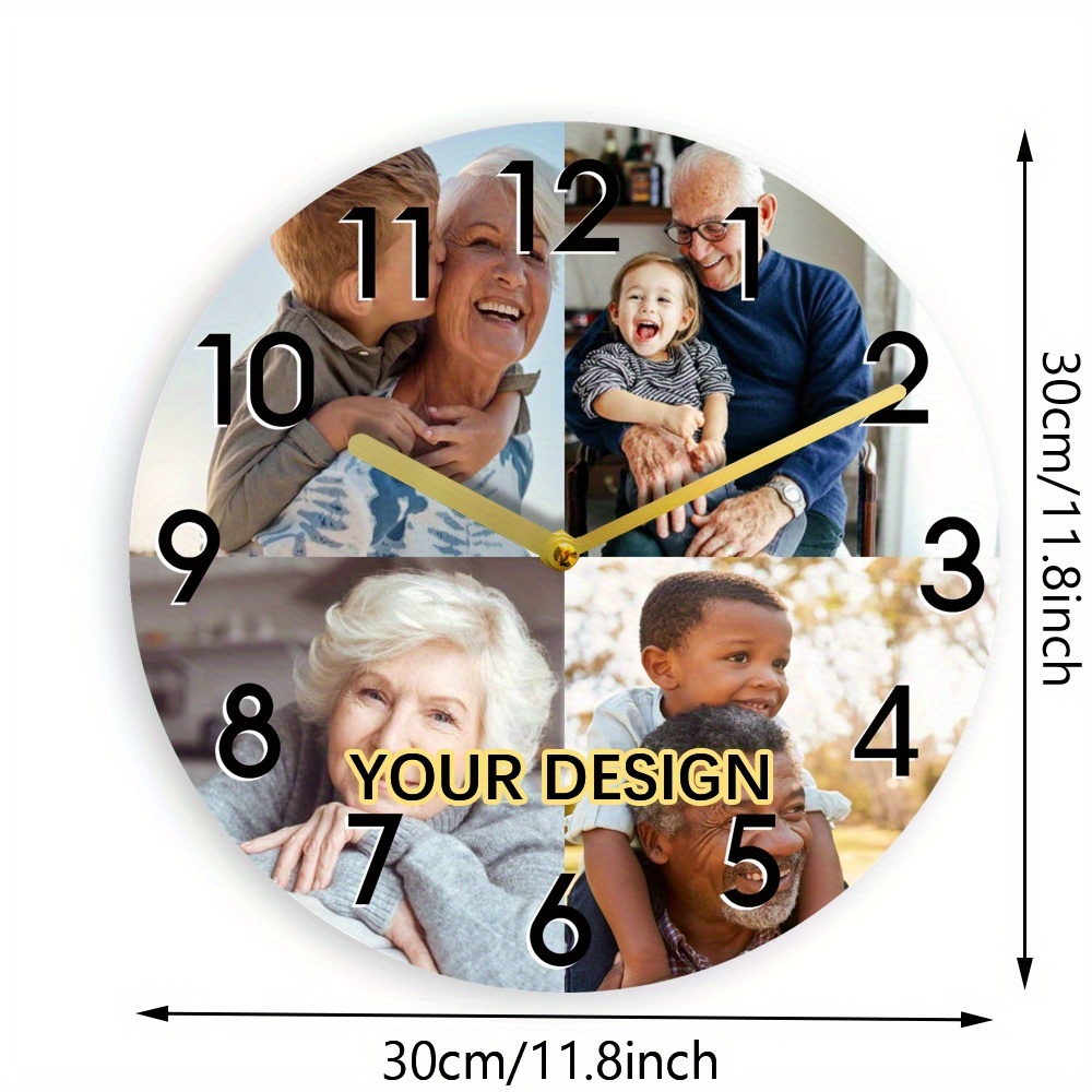 TEMU Personalized Wall Clock With 4 Photos And Logo, Elegant Black Numbers, Custom Clock Face, Wood Printed, For Living Room , Family Portrait Theme,