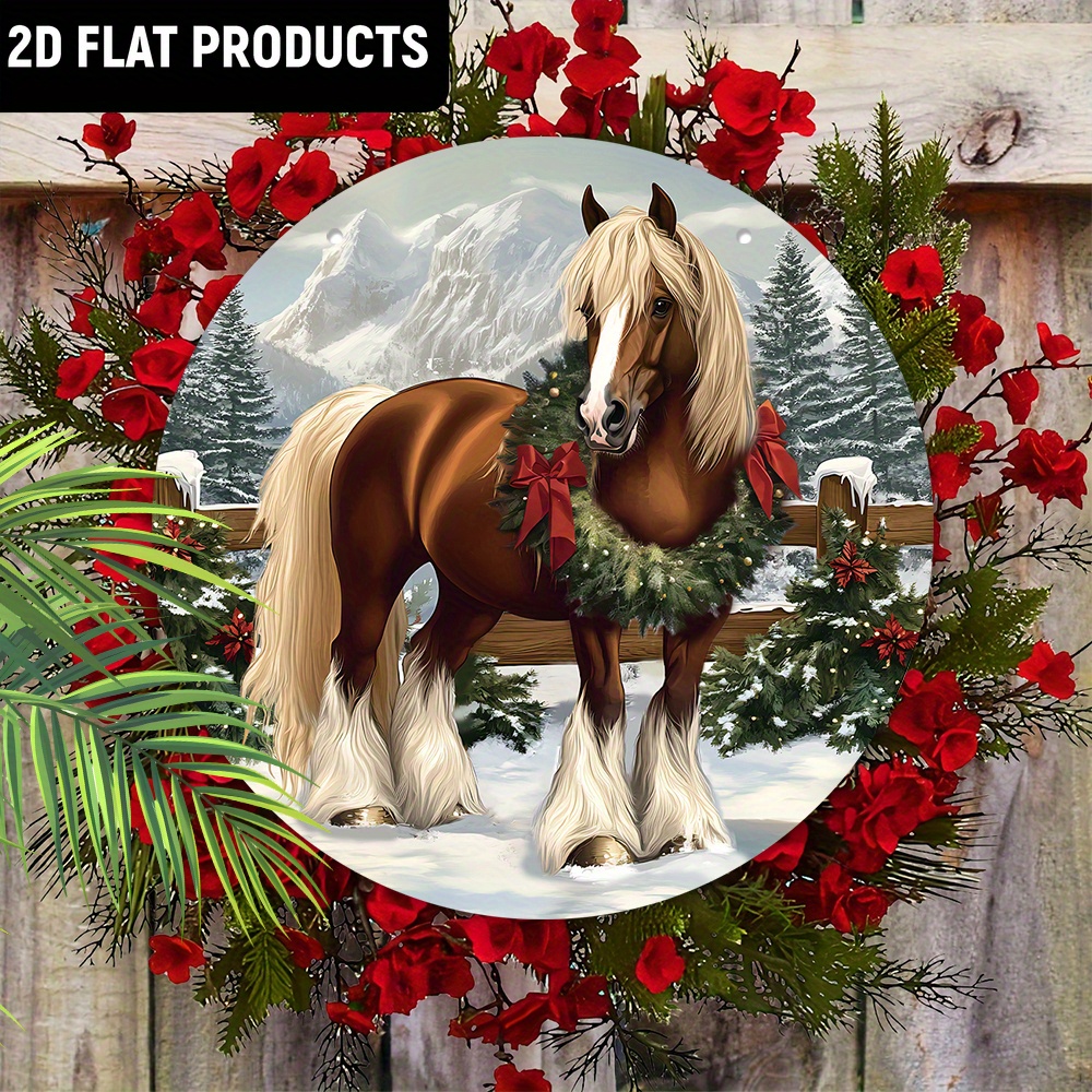 TEMU Plat 2D, 1 pièce Panneau Suspendu Plat 2D en Bois Imprimé Décoration de Noël - Motif Couronne de Noël Ferme Équestre - Un Cadeau d'un , Convient