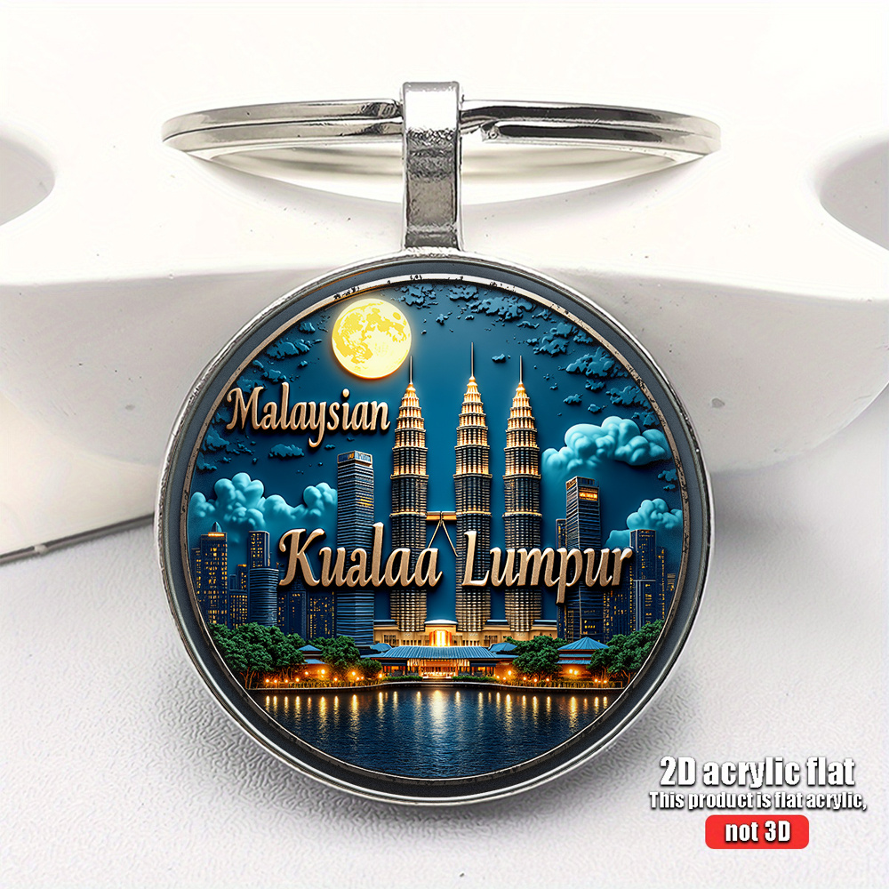 TEMU 1pc 2d Flat, Merry Christmas, Happy New Year, Valentine's Day, Modern Urban Style " Lumpur Twin Towers" Night View Theme Keychain, Metal Texture