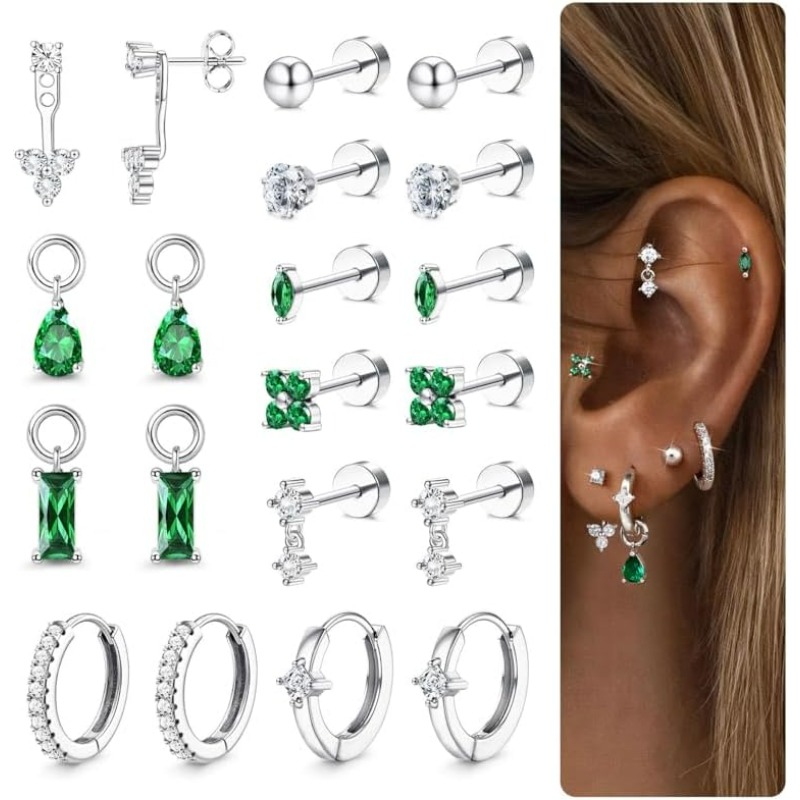 Image of 2d Flat - 10pairs Hypoallergenic Flat Back Earrings For Women | Surgical Steel Small Sleeper Studs Hoops Cartilage Earring Stack Set With Charm For Tragus Helix Conch Piercing Jewellery
