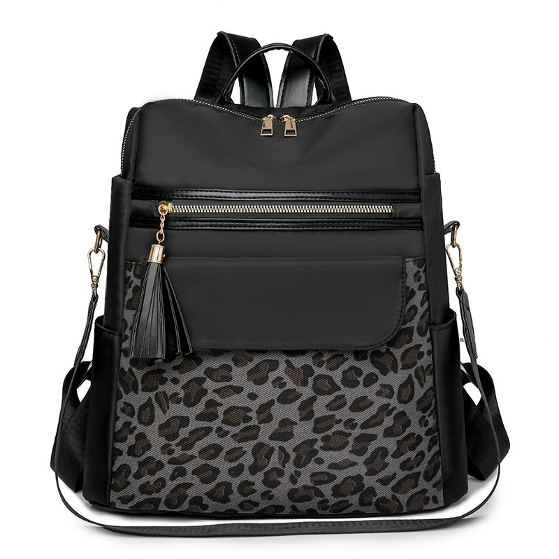 TEMU 1pc Convertible Crossbody Backpack With Grey Leopard & Tassel Detail - Front Multi-zipper Pocket Nylon Rucksack Suitable For School, Travel,