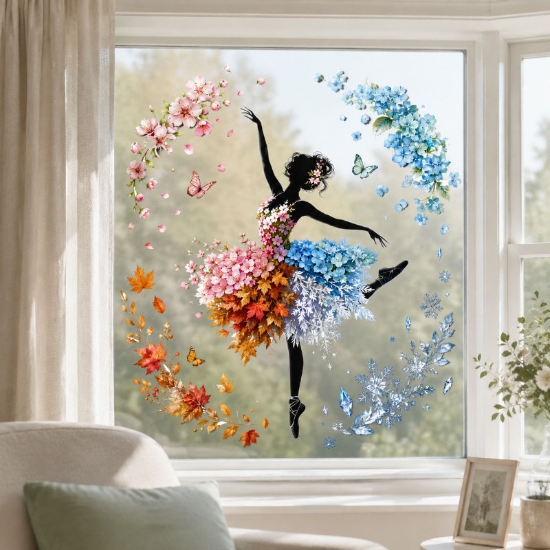 TEMU Beautiful Floral Ballerina Wall Decals - 3 Designs Watercolor Ballet Dancer With Flowers & Butterflies, Removable Window Stickers For Room