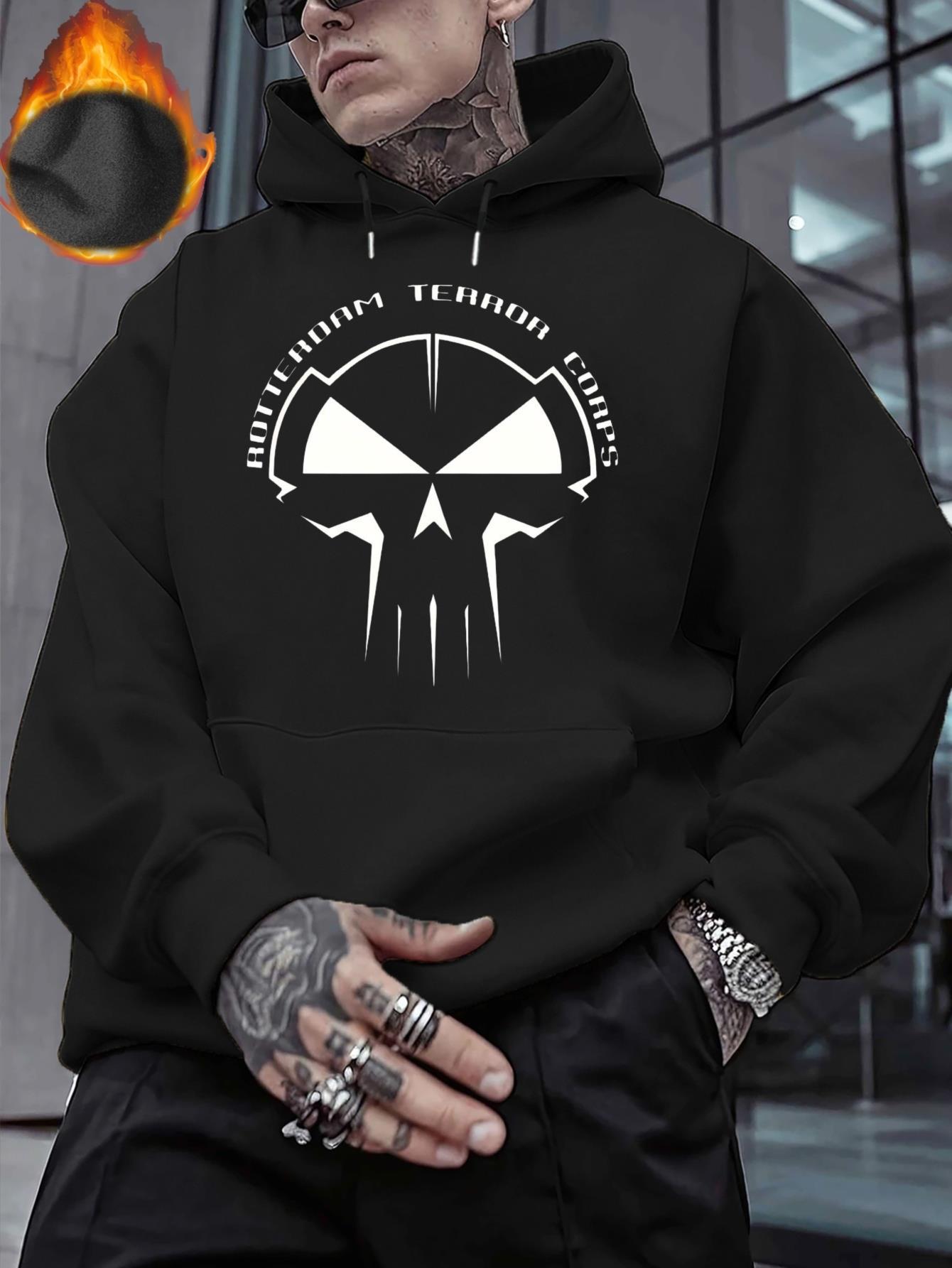 Casual hoodie voor heren met een Punisher-schedel ontwerp, gemaakt van zacht en comfortabel materiaal, met een verstelbaar trekkoord en een normale pasvorm in zwart, ideaal om cadeau te geven.