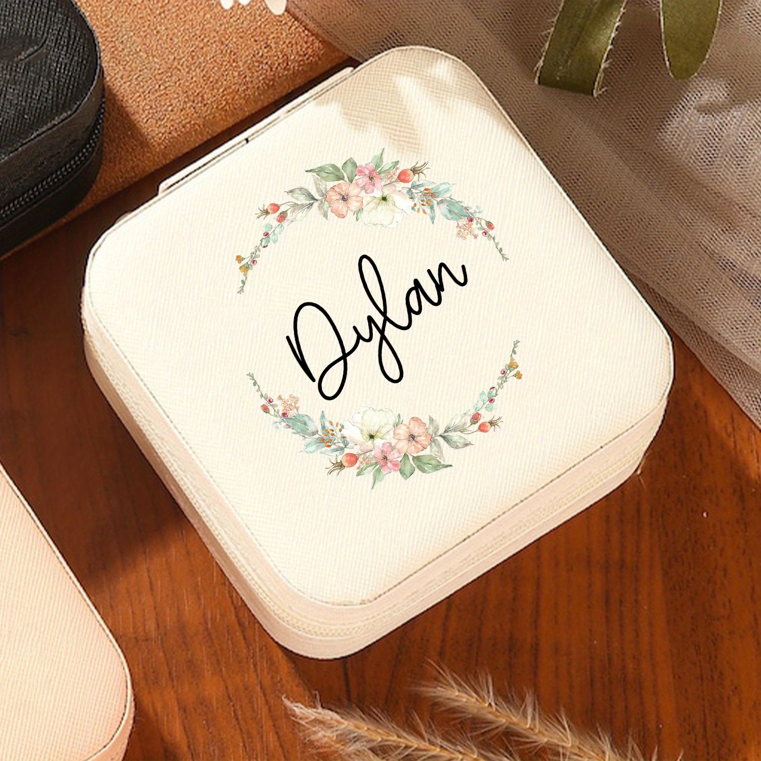 TEMU Joyero con Floral Personalizado - Estuche de Viaje Beige Personalizado con , Regalo para de Dama de Honor, Organizador Multicompartimento para