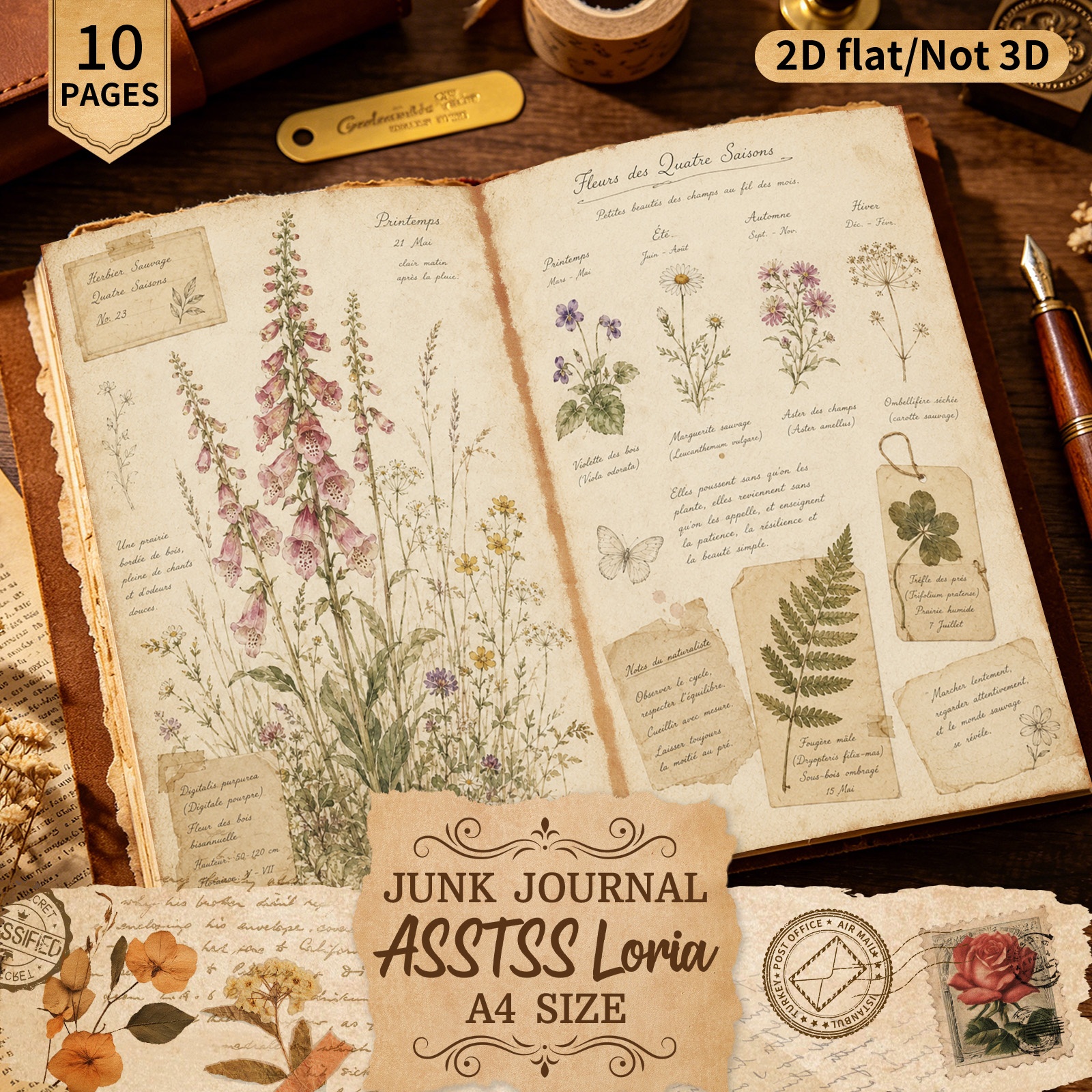 TEMU 10 Sheets Asstss Handcrafted Junk Journal Paper - A4 Watercolor Scrapbooking Sheets With & Plant Patterns Suitable For Junk Journals, Planners,