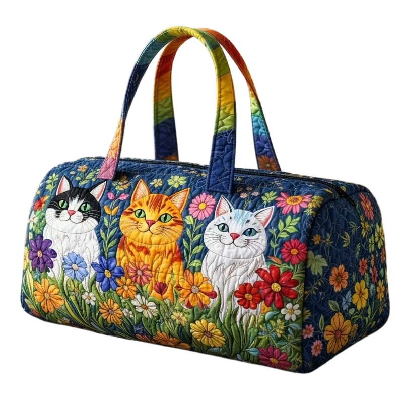 Image of Bohemian Cat & Flower Shoulder Bag - Cat-themed Handbag With Zipper Closure, Suitable For Commuting, Travel, Parties, Gift For Cat Lovers, For Halloween, Christmas, Easter, Hand Washable Bag