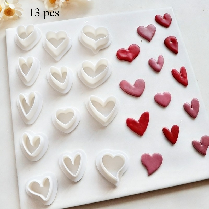 Image of 13pcs Clay Cutting Molds, Suitable For Holidays, Valentine's Day Heart-shaped Earring Making Set | Abstract Heart Pattern Clay Cutters For Jewelry Making, Valentine's Day Clay Molds For Diy Crafts