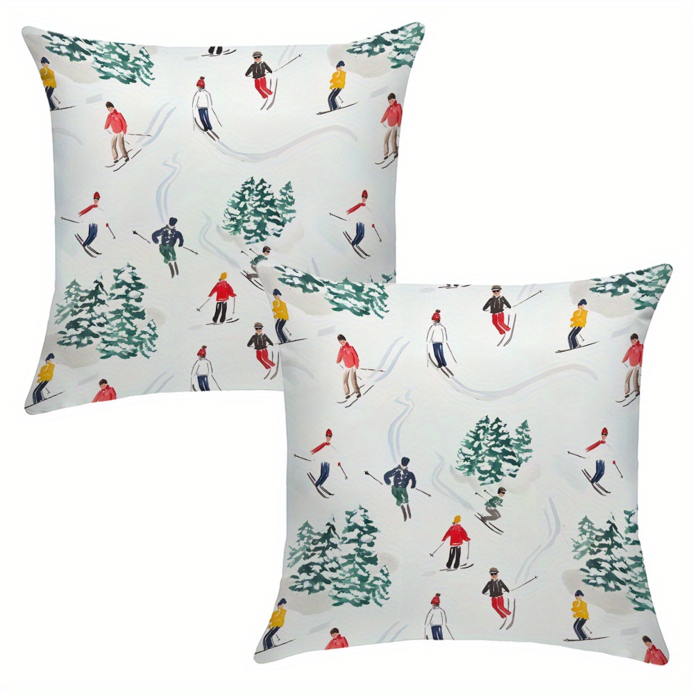 

2- Ski Christmas Holiday Decorative , 18x18 , Polyester, Zippered, , For And Sofa Decor, Mixed , , Pillowcases (inserts Not Included)