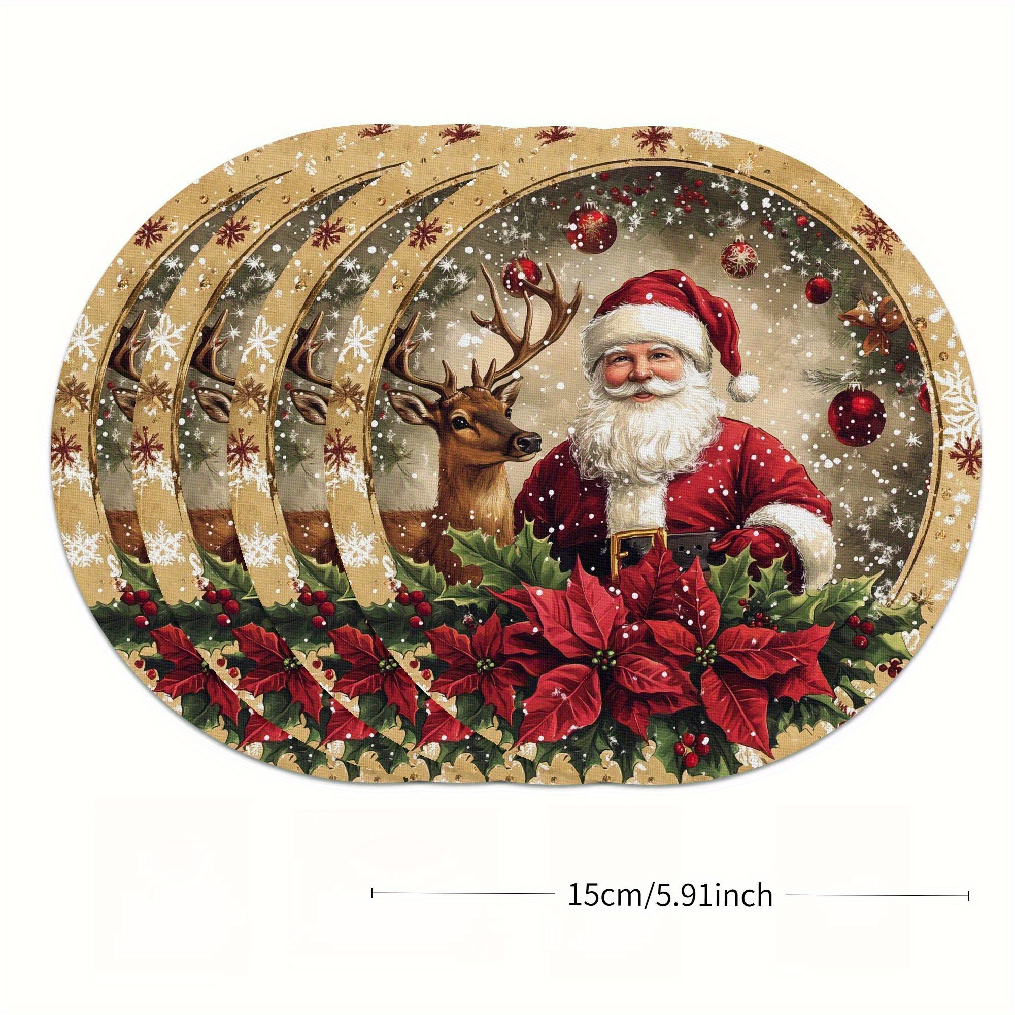 TEMU 4pcs Set Of Christmas-themed Round Wooden Placemats - Printed With Santa Claus, Reindeer Patterns And Holly Design, Non-slip/heat-resistant -