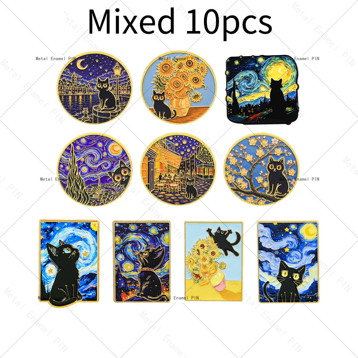 TEMU 10pcs Random Mixed Van Gogh Black Cat Enamel Lapel Pin Set, Starry Night Sunflower Cat Metal Brooch, Famous Painting Art Badge, Aesthetic