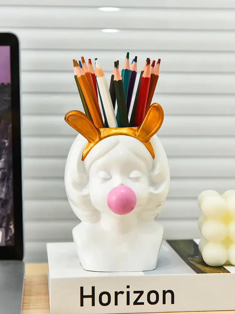 1pc cute bubble blowing girl desk organizer elegant white golden accent pen holder makeup brush storage decorative office home decoration perfect gift for women girls teachers students birthday valentines easter present for desk or vanity office desk accessories student stationery holder whimsical design quality student supplies decor handcrafted figurine decorative holder teacher Product details 3