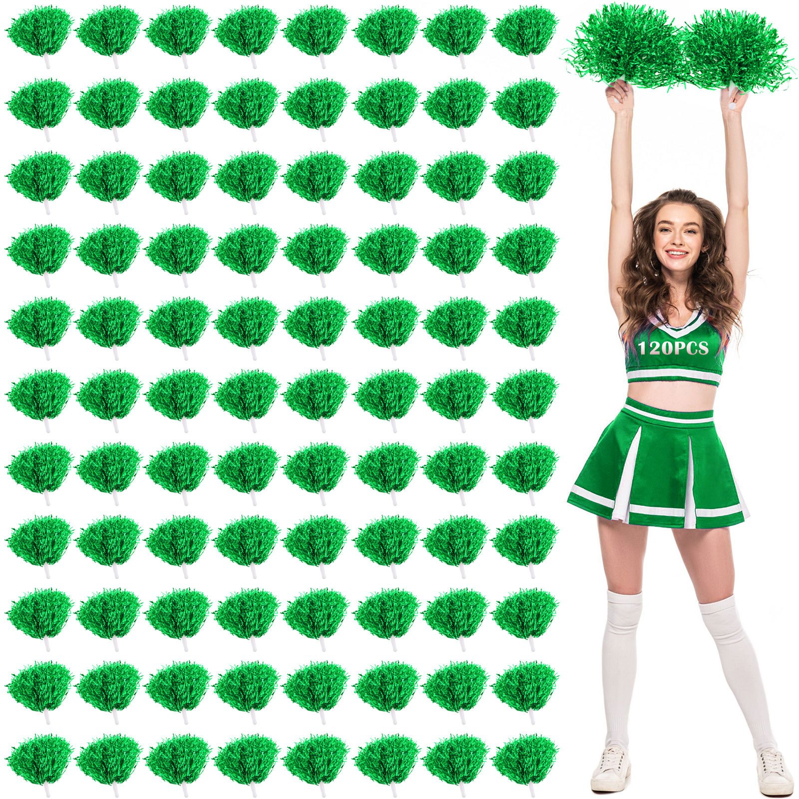 120pcs cheerleading pom poms bulk metallic foil cheerleader pom poms with   handle plastic cheer pompom   hand flowers for sports   dance party basketball green