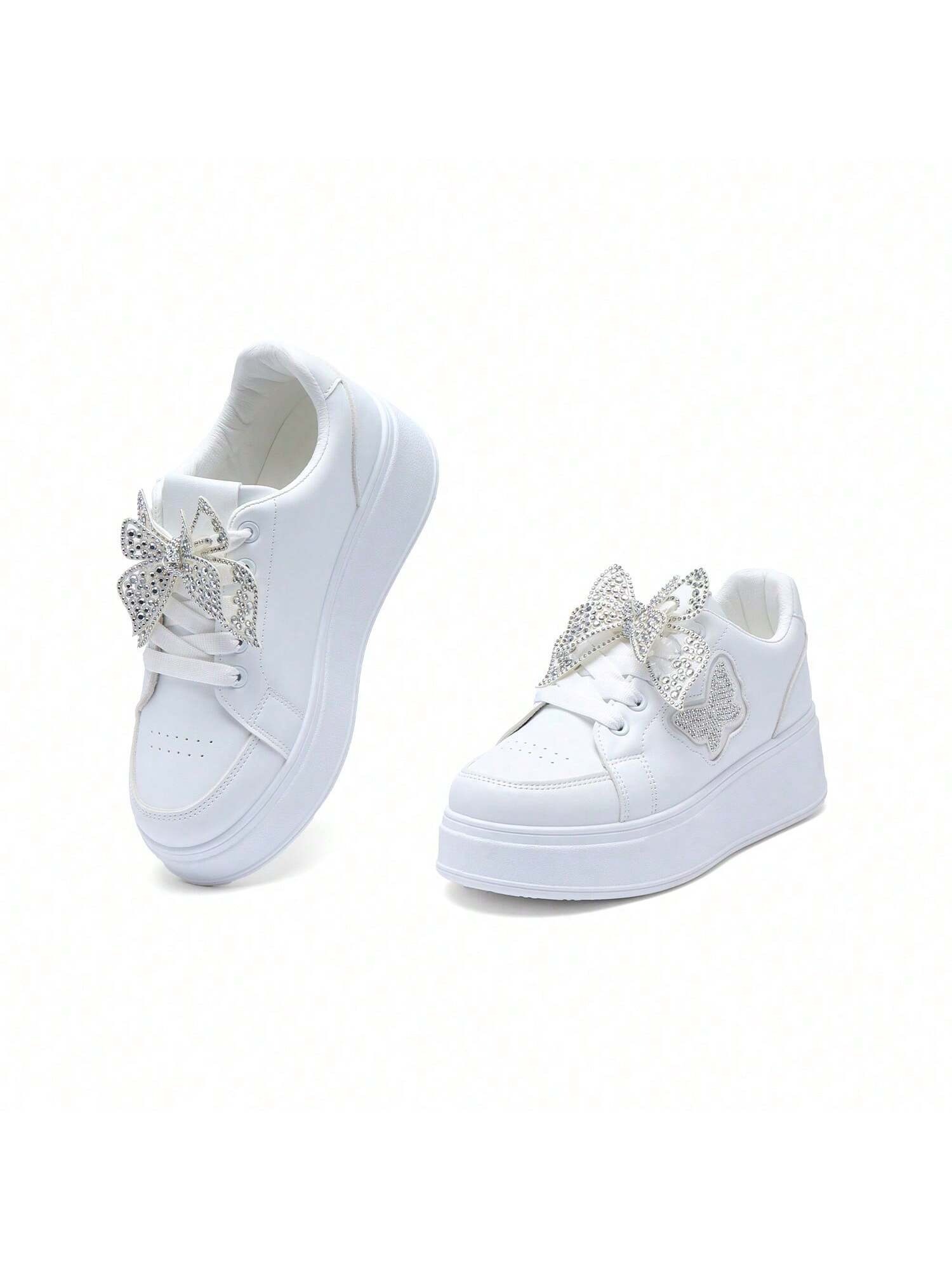 Dames Hoogteverhogende Platform Sneakers met Rhinestone Vlinder & Klittenbandsluiting - Lichtgewicht Veterschoenen Geschikt voor Feesten, Bruiloften, Casual Kleding, Lage Ronde Neus, Dames Schoenen