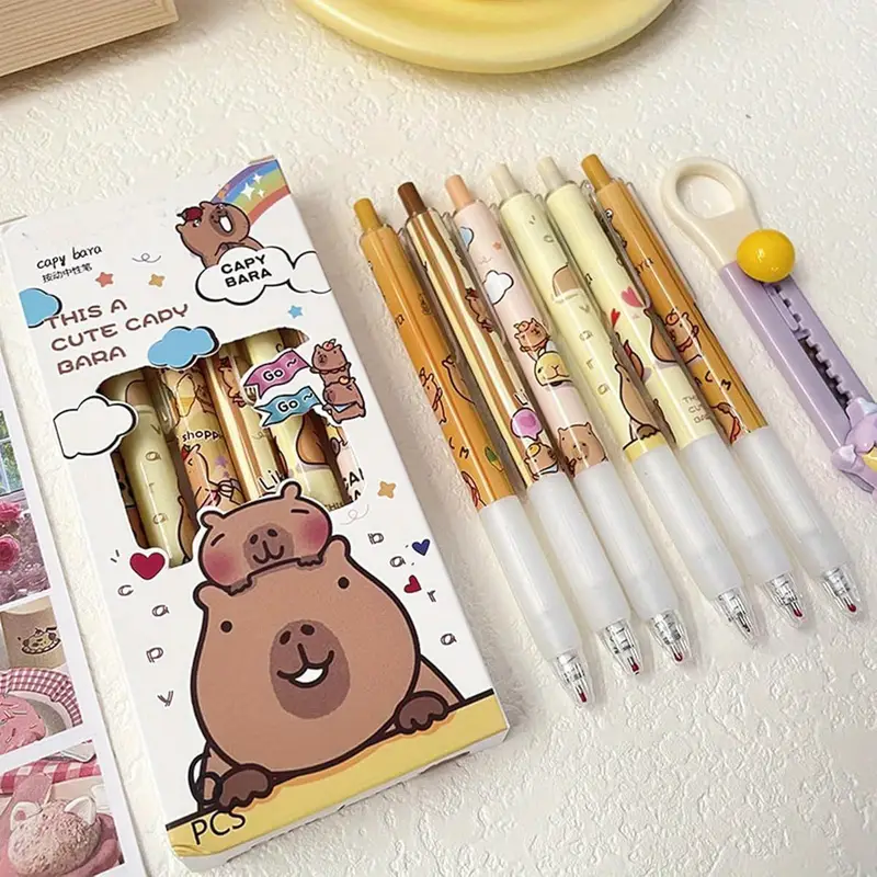 6pcs capybala retractable cute cartoon capybara pens 0. 5mm black ink gel ink aesthetic supplies for girls boys women men, cute gel pens, fancy pen, needle tip pens, cute pens bulk, school pens, ink gel pens, notetaking pens, writing tools, design, fun stationery, comfortable grip, durable pen, fine tip pen, retractable pen, stationery lovers, gift for friends Product details 5