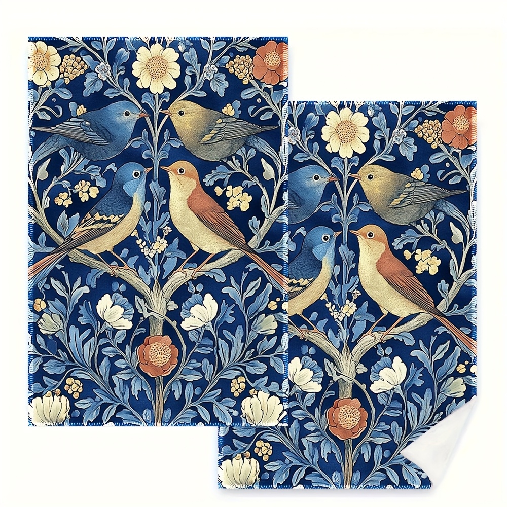 TEMU 2-pack William Style Blue Floral And Bird Print Kitchen Towels And Dishcloths- 16x24inch Large Rectangular, Hand-washable Polyester Fabric With