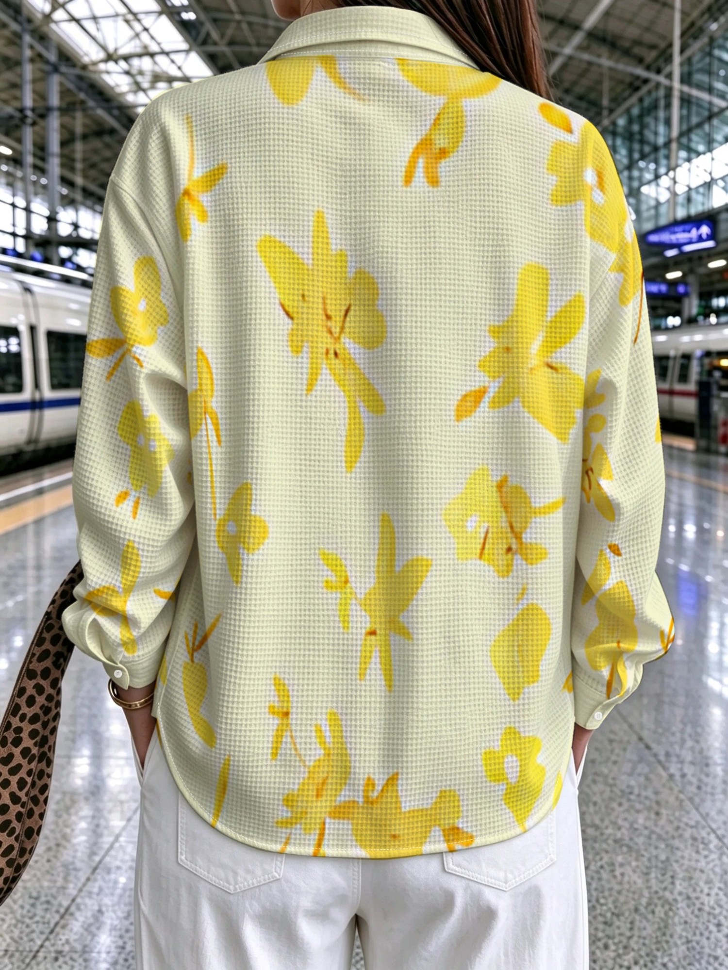 plus size printed design not textured womens plus size shirt light warm yellow with small yellow flowers scattered     leisure outing comfortable top