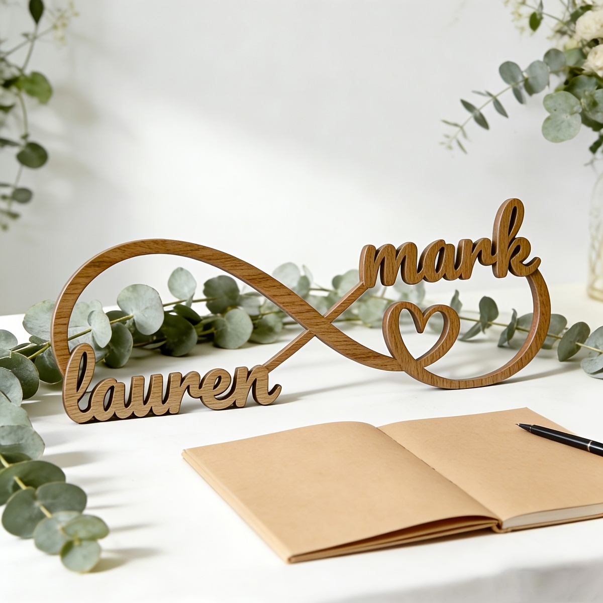 TEMU Personalized Infinite Name Sign - Custom Couple's Wooden Wall Decor With Black Font Design, Engravable With Personalized Names, Warm- Natural